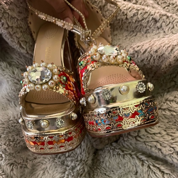 New Azalea Wang Party Peep Platform Heels Embellished Satin Victorian Ankle 6 - Picture 9 of 12